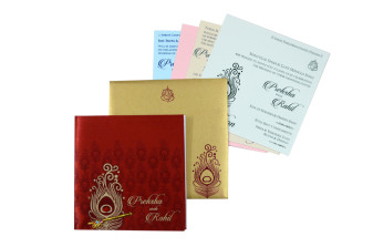 Satin Cloth Peacock Feather Wedding Card RB 1430 RED